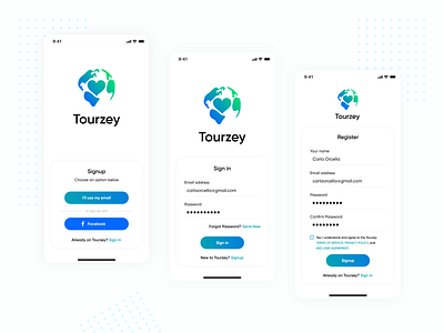 Tourzey - Login & Signup Screens app clean ui design interface login login screen modern design rental sign up tour tourism tourist tourzey app travel travel app traveling travelling user experience user inteface vacations