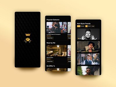 Luxury Salon App UI 2d app black design gold gradient hair salon haircut hairstyle illustraion logo luxury men pattern premium shop ui ux women