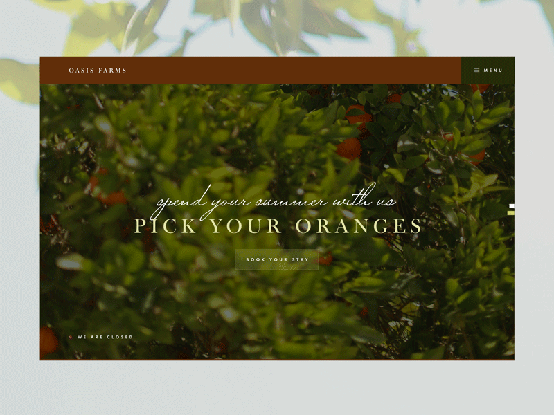 Orange farm menu transition after effects aftereffects brown concept design farmer green hamburger menu interaction design layout design leaves menu design nature orange slideshow typogaphy uxdesign web design website concept website design websites