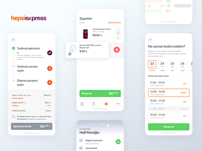 Grocery App — OCP - Basket - Time Slot - My Account basket checkout delete flat grocery grocery app hepsiburada hepsiexpress listing minimalist mobile mobile app ocp onboarding one page checkout opc