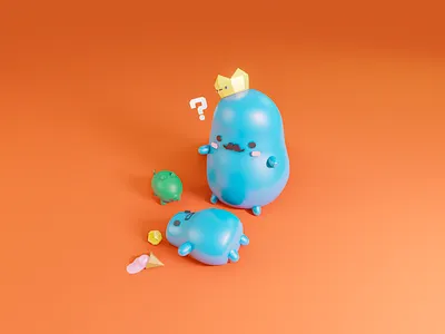 The Blue Family 3d blender blender3d blob blue crown family green icecream illustration pig shapes