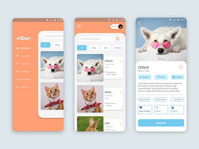 AllDopt - Pet Adoption App adoption app app desing design design ux dog mobile mobile app pet pet app pet care ux