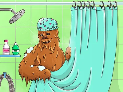 Chewie in the shower art character chewbacca chewie fan art graphic illustration procreate shower shower room star wars water wool