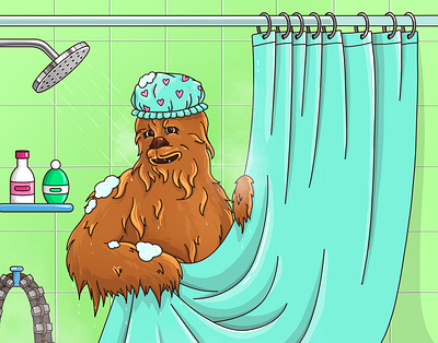 Chewie in the shower art character chewbacca chewie fan art graphic illustration procreate shower shower room star wars water wool