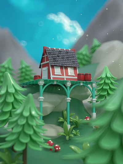 Little Cottage b3d c4d cottage fantasy lowpoly miniature mountains redshift trees woods