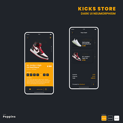 Kicks - Sneakers App Dark UI Neumorphism android app design dark ui ecommerce ios iphone x mobile shoes sneakers soft ui ui ui design uiux ux ux design