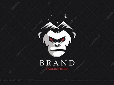 Gorilla mountains logo for sale adventure african animal ape branding chimpanzee gorilla landscape logo logos moon mountains night outdoors stars