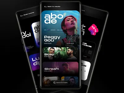Events UI Dark branding carousel dark mode dark theme event gallery home icon menu mobile nav payment product search typography ux