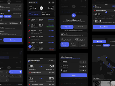 Flight Ticket Concept Application (Dark) app application behance booking concept dark design flight flight app flight booking flights material material ui platform sketch ui