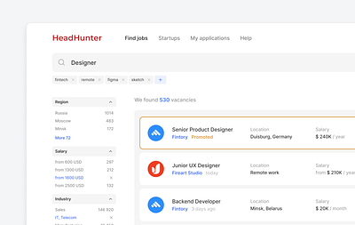 📋 Find a job — HeadHunter Concept app app ui application dashboard filter finance find fintech headhunter jobs search search bar search box search engine search results ui user interface vacancies vacancy web