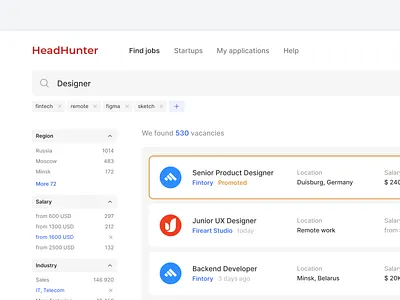 📋 Find a job — HeadHunter Concept app app ui application dashboard filter finance find fintech headhunter jobs search search bar search box search engine search results ui user interface vacancies vacancy web