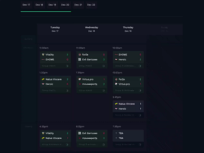 esport match overview calendar view csgo dark ui esport matches overview responsive week view