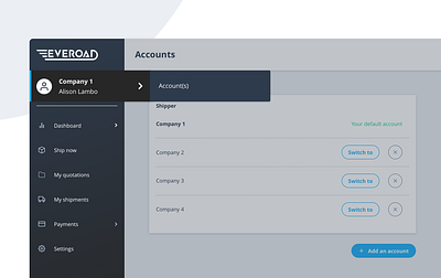 Everoad | Account switcher page branding design designsystem digital everoad logistic product switch transport ui ux