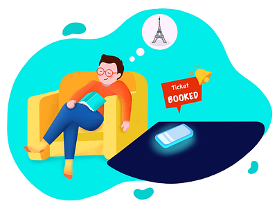 Automatic flight bookings alert app booking character dreaming flight hero hero illustration holiday illustration mobile notification reading sleeping sofa tickets travel vacation