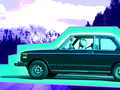 AI Can Solve Our Driving Dependence — If We Don’t Mess It Up! cars graphic design mountains posterize saturated teal visual art washed out