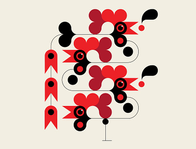 Alarm Cock!! abstract art black design geometric illustration red rooster vector art