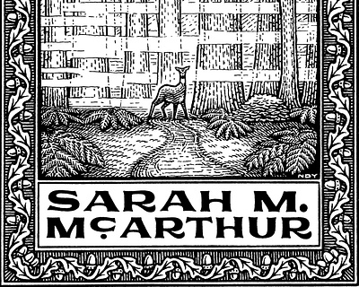 Sarah Ex Libris black and white boarder bookplate deer engraving hand lettering landscape leaves lettering nature pattern pen and ink wildlife