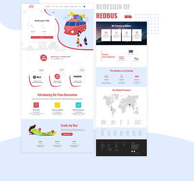 Redesign RedBus Landing Page app book your ride branding footer globalmarket illustration landingpage logo navigation search track travel trip typography ui ux we deliver we promis website