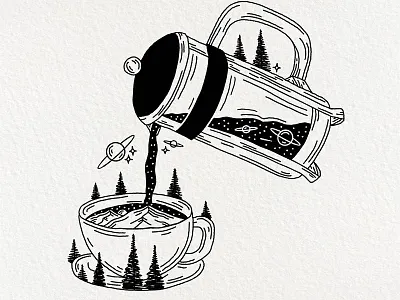 Morning Cup of Nature coffee landscape mountains nature pouring coffee procreate space trees