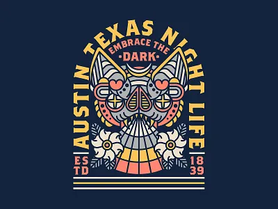 Austin Night Life animal arch austin austin texas bat bat head dark eye flat floral flower geometric monoline monoline logo moon night nocturnal star tattoo vintage