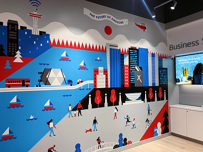 Xfinity Store Mural flat illustration mural park sailboat skyline space needle