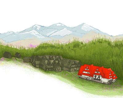 A house in the mountains. forest house illustration mountains spring town