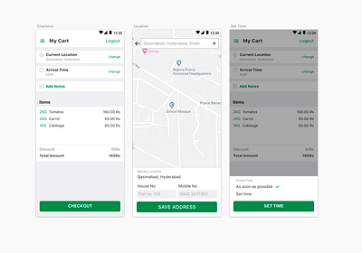 Checkout Screen address cart checkout concept date datepicker google maps layout location my cart save address set time time time picker ui ux