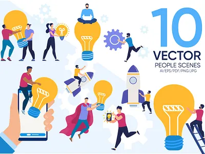 People Vector Scenes analysis brainstorm businessman collaboration communication concept creative design idea illustration innovation light management marketing modern plan project strategy success team