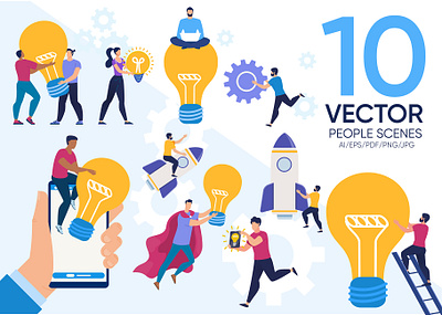 People Vector Scenes analysis brainstorm businessman collaboration communication concept creative design idea illustration innovation light management marketing modern plan project strategy success team