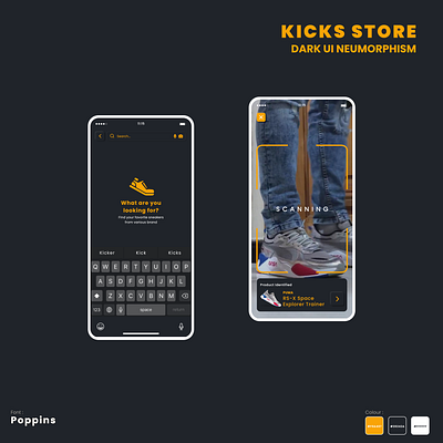 Kicks - Sneakers App Dark UI Neumorphism android app design dark ui ecommerce interactive ios iphonex mobile neumorphism shoes skeuomorphism sneakers soft ui ui ui design uiux ux design