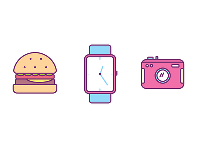 Burger, Watch and Camera adobe illustrator design flat icon icons icons design illustration line line art vector