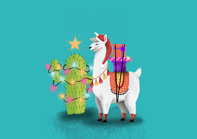 Christmas Lama animal animals art cactus christmas christmas card christmas tree draw gift illustration lama lights merry christmas merry xmas