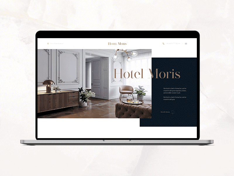 Hotel Moris animation beautiful blue fashion font gold hotel landing page luxury marble mockup photo photoshop render uiux web website white