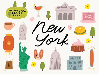 New York City chinatown city empire state hand lettering illustration map new york park statue of liberty