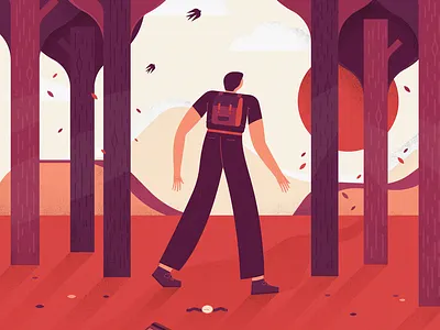 Walking adventure birds character digital disconnect illustration man sun sunset texture travel trees treking trip vector woods
