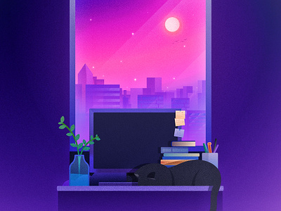 Illustration design affinity designer books box buiding cat city computer illustration design leaf light note pen pink purple sky star table window