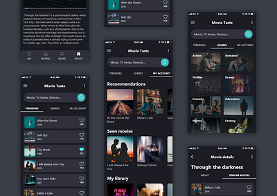 Movie Taste mobile app app cinema dark mode dark theme design mobile movies ui ux