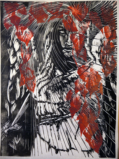 Angel in Autumn angel artwork lino print relief print