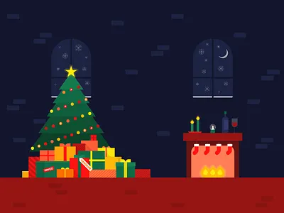 Christmas illustration 1 candles christmas tree colorful dark festive fireplace geometric gift boxes graphic design hangame illustrator cc nhn ornaments payco snowball snowy night starry warm webdesign wine
