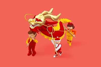 春节-舞龙的一家人 animation c4d design flat illustration vector 一家人 平面 插图 设计