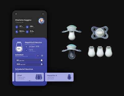 Pacifier Vaccine UI Design app app design baby child creative dark dark theme design mobile mobile app mobile ui pacifier profile profile page purple ui ui design ux uxdesign