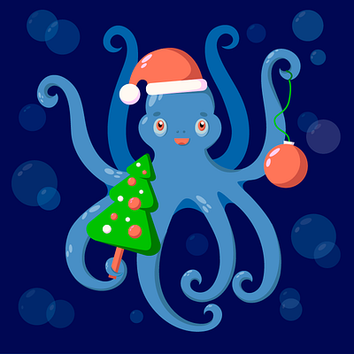 Christmas octopus blue christmas christmas card flat illustration illustrator logo minimal new year oceano octopus tree type typography vectorart web winter