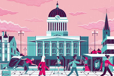 Nottingham building character city culture digital editorial folioart illustration michael driver people transport travel