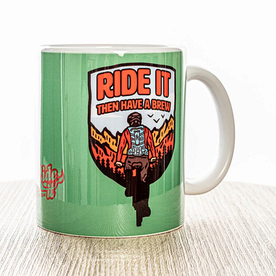 Have A Brew accessories badge bike brew camping character clothing coffee coffeemug design green illustration logo mountains mtb mug outdoors shield tea trail