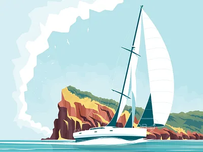 Code zero clouds flat illustration island landscape sailing sea vector
