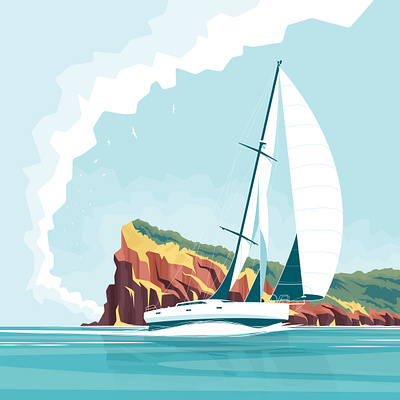 Code zero clouds flat illustration island landscape sailing sea vector