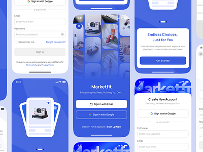 Marketfit - E-Commerce Mobile App UI Kit | Onboarding Auth 📱 app design ecommerce graphic design illustration logo marketplace mobile app typography ui ux vector