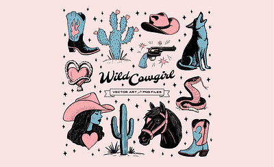 Wild Cowgirl Clipart arizona boots cactus clipart cowboy cowgirl coyote desert graphic design hand drawn horse illustration rattlesnake southwest western