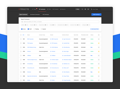 Contract Manager contract filter indiana indianapolis search search bar sorting table ux web