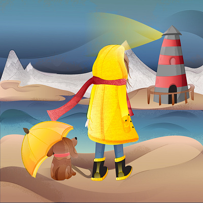 To the lighthouse adobe illustrator bright character colorful dog flat girl gradient illustraion illustration landscape illustration lighthouse mountains nature red scarf sea texture vector yellow